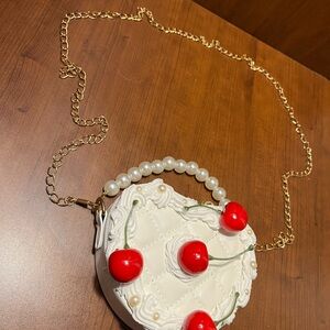 Chic White and Red Cherry Handbag